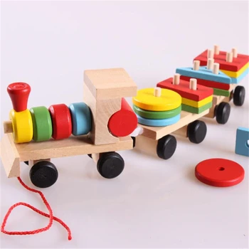 Bērnu Rotaļlietas, Koka Trim Sadaļā Train Set Ģeometrisko Bloki Montessori Bērnu Krāsu, Formu Mača Kaudzē Sākumā Izglītības Rotaļlietas