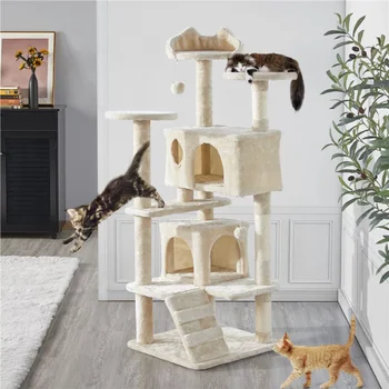 Easyfashion Cat Tree Tower Condo Skrāpējumiem Pēc Kaķēns Mēbeles, Bēša, 54.5